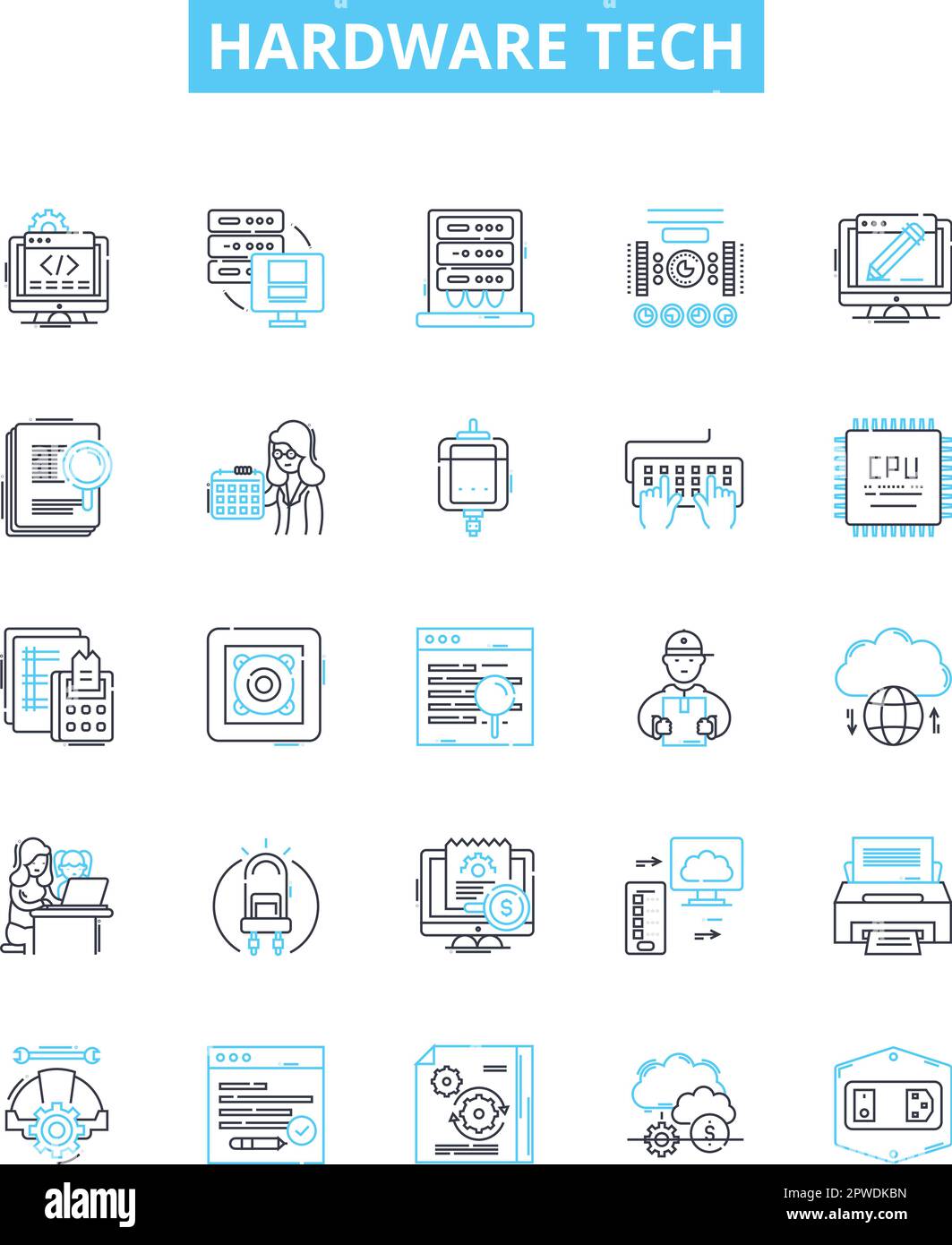 Symbole für Hardware-Tech-Vektorlinien festgelegt. Hardware, Technologie, Geräte, Komponenten, Gadgets, Netzwerk, Netzwerkdarstellung umreißen Konzeptsymbole und Stock Vektor