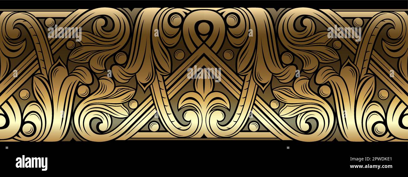 Vektorgrafiken. Textur der goldenen Klassiker-Schablone für Zierstreifen im Vintage-Stil. Blaslet-Tattoo-Vorlage, Bänder, Vignetten Stock Vektor