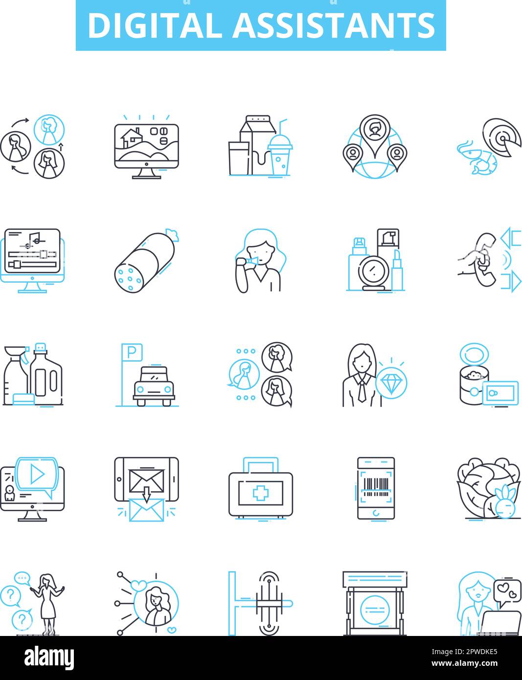 Vektorlinien-Symbole für digitale Assistenten wurden eingestellt. AI, Chatbot, Cortana, Alexa, Siri, Assistent, digitale Illustration umreißen Konzeptsymbole und -Zeichen Stock Vektor