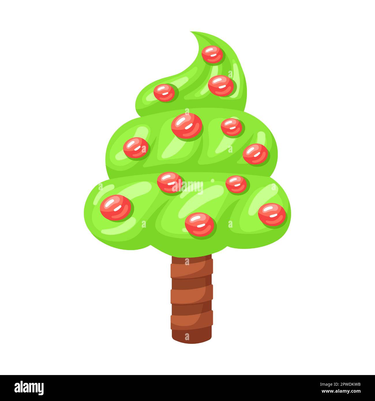 Candie in Form von Baum Apfelmus mit Kirschen, Vektorbild. Fantasy Land Karamell und Schokolade Desserts, Cupcakes, Kekse Stock Vektor