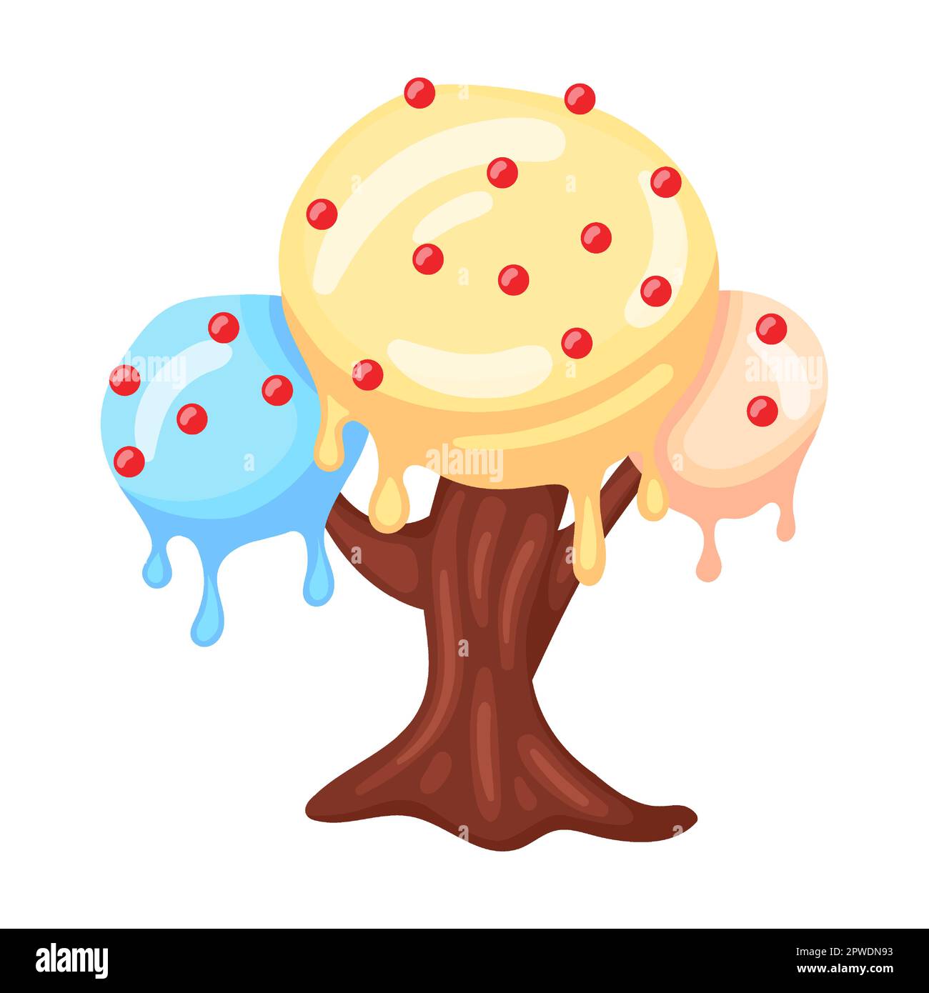 Candie in Form eines Baumes mit Kugeln kalter Eiscreme, Vektorbild. Fantasy Land Karamell und Schokolade Desserts, Cupcakes, Kekse Stock Vektor