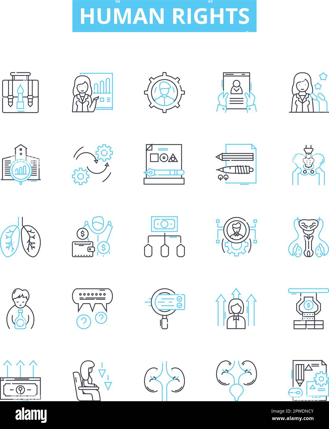 Symbole für Menschenrechtsvektorlinien gesetzt. Gleichheit, Würde, Respekt, Freiheit, Gerechtigkeit, Fairness, Equity Illustration umreißen Konzeptsymbole und -Zeichen Stock Vektor