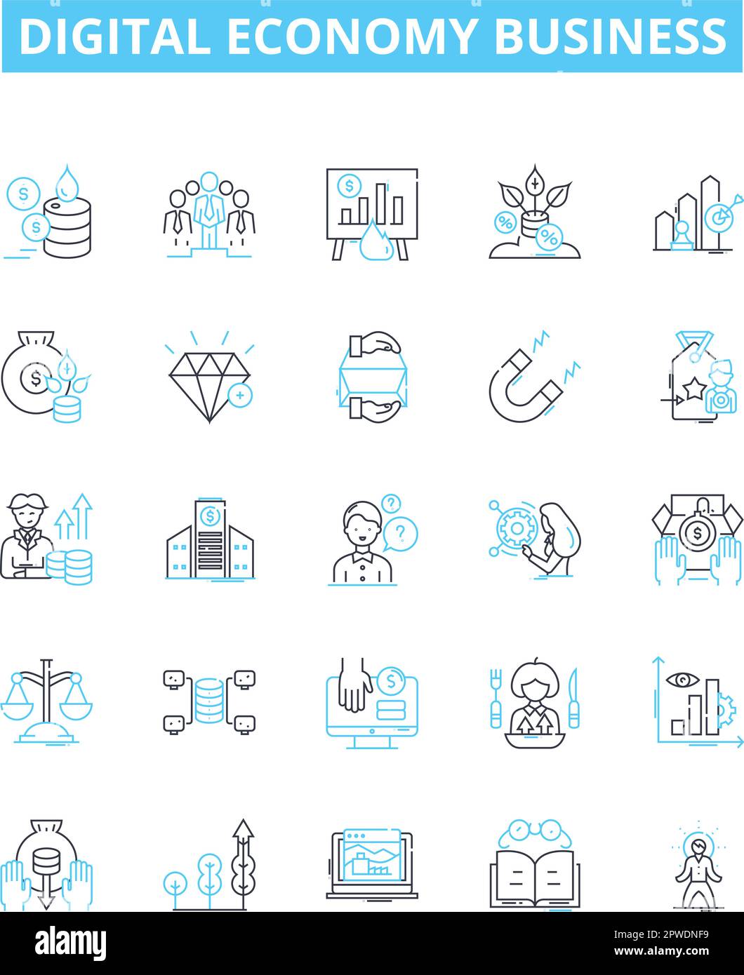Symbole für Vektorlinien der digitalen Wirtschaft festgelegt. Digital, Wirtschaft, Unternehmen, eCommerce, Online, Abbildung Technologie, Services, Konzept Stock Vektor