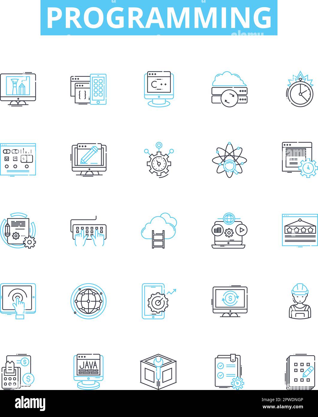 Programmieren der Vektorliniensymbole. Programmierung, Codierung, Skripterstellung, Codierungssprache, Algorithmus, Debugging, Software-Illustration, Konzept Stock Vektor