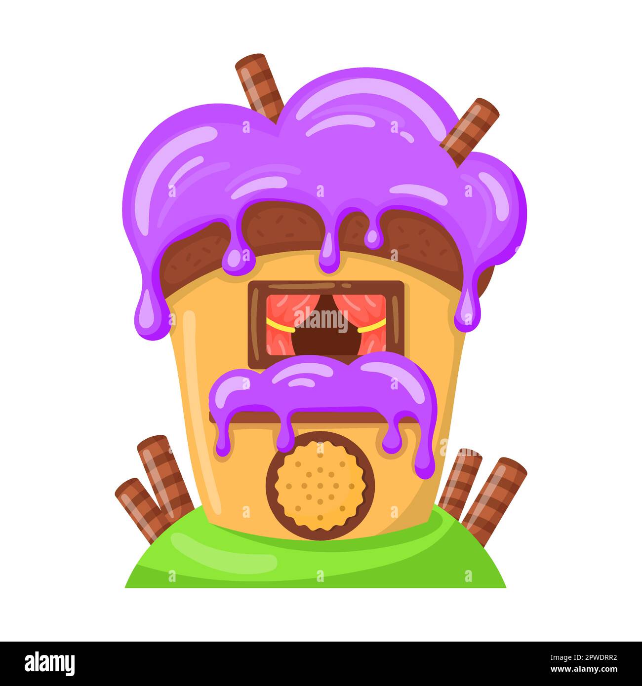 Kandie in Form eines Hauses, glasiert mit Waferrollen, Vektordarstellung. Fantasy Land Karamell und Schokolade Desserts, Cupcakes, Kekse Stock Vektor