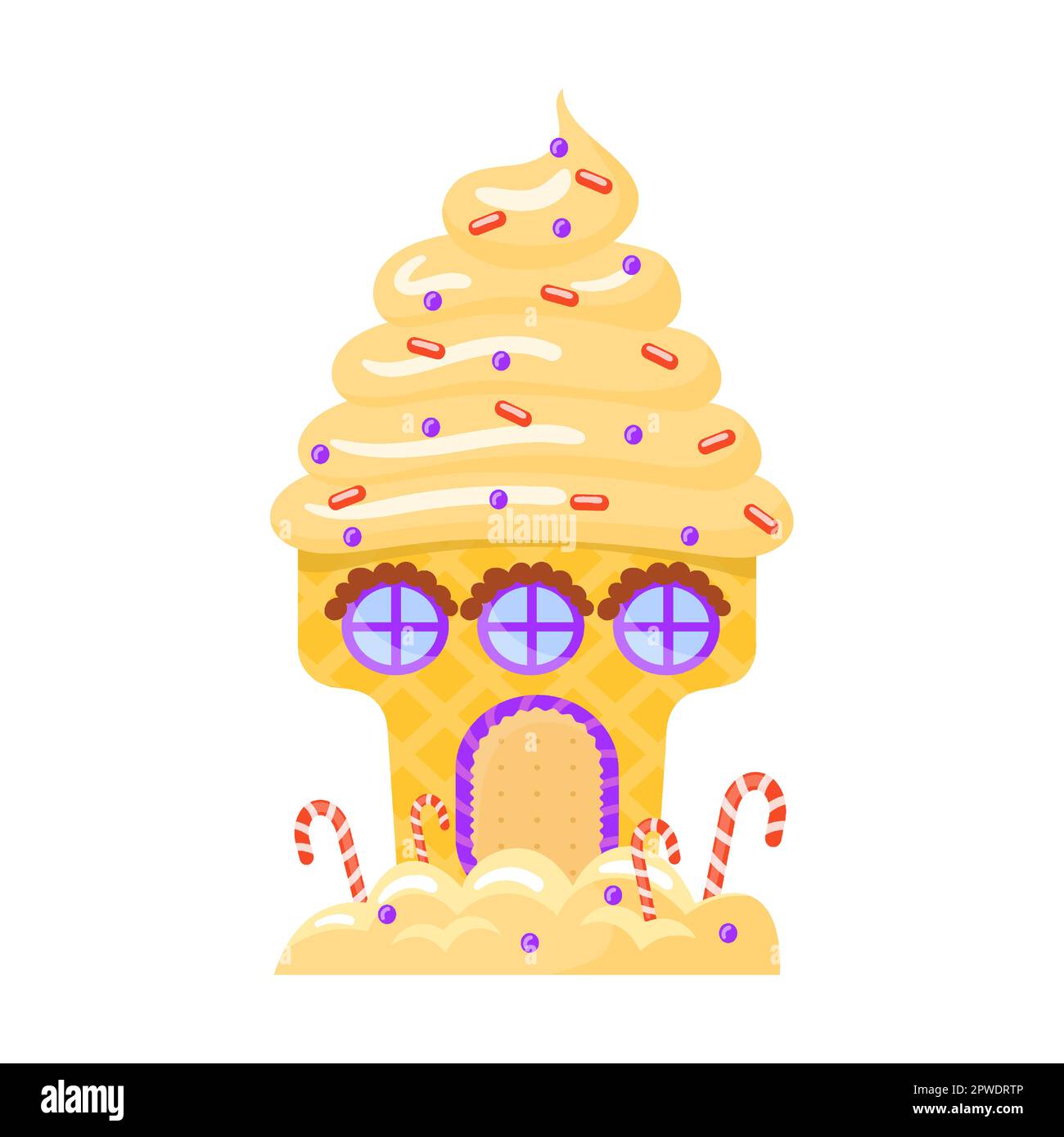Candie in Form eines Baumes oder Hauses mit Karamell und Creme, Vektordarstellung. Fantasy Land Karamell und Schokolade Desserts, Cupcakes, Kekse Stock Vektor