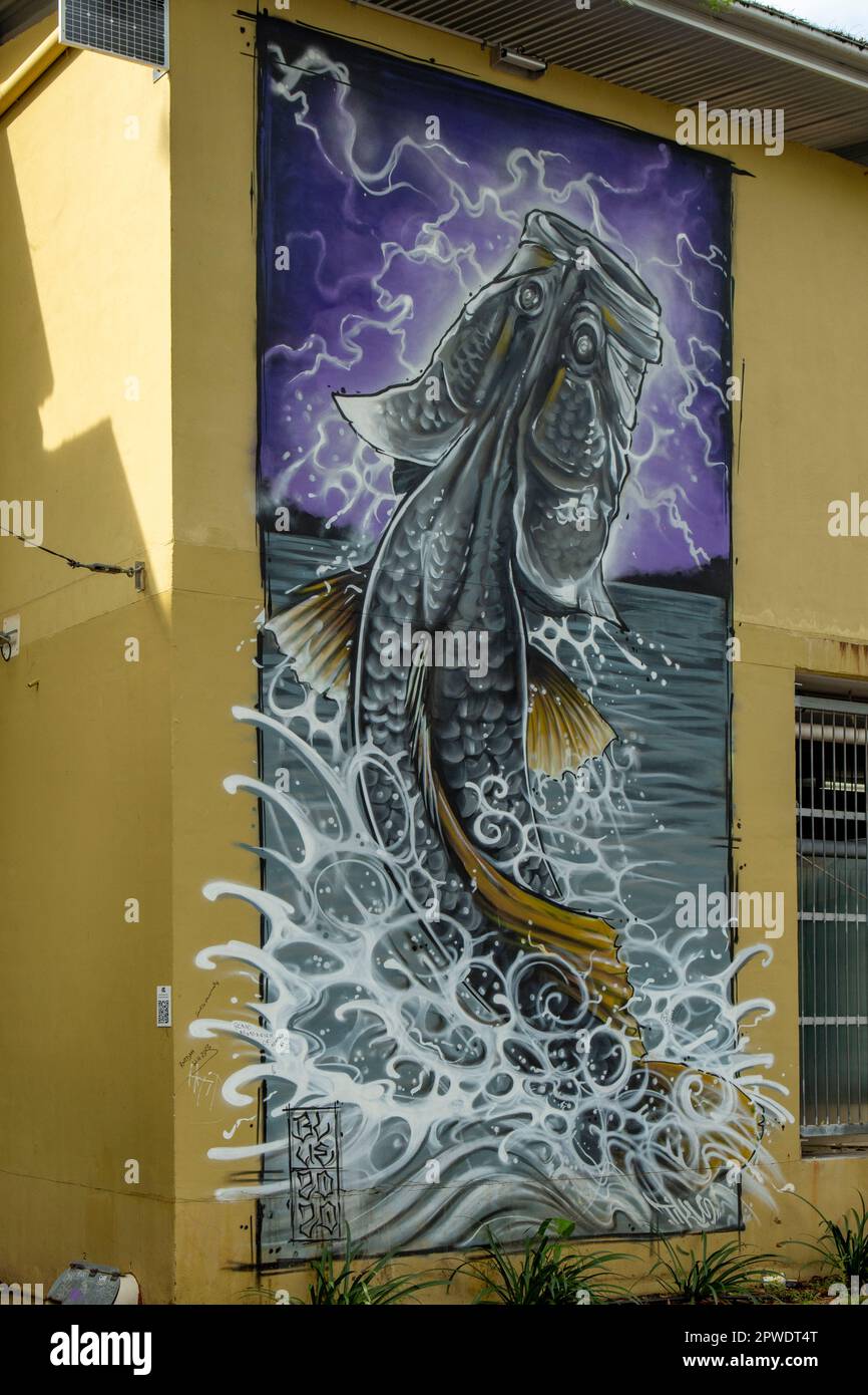 Electric Barra Street Art von Blue Selwyn, Darwin, NT, Australien Stockfoto