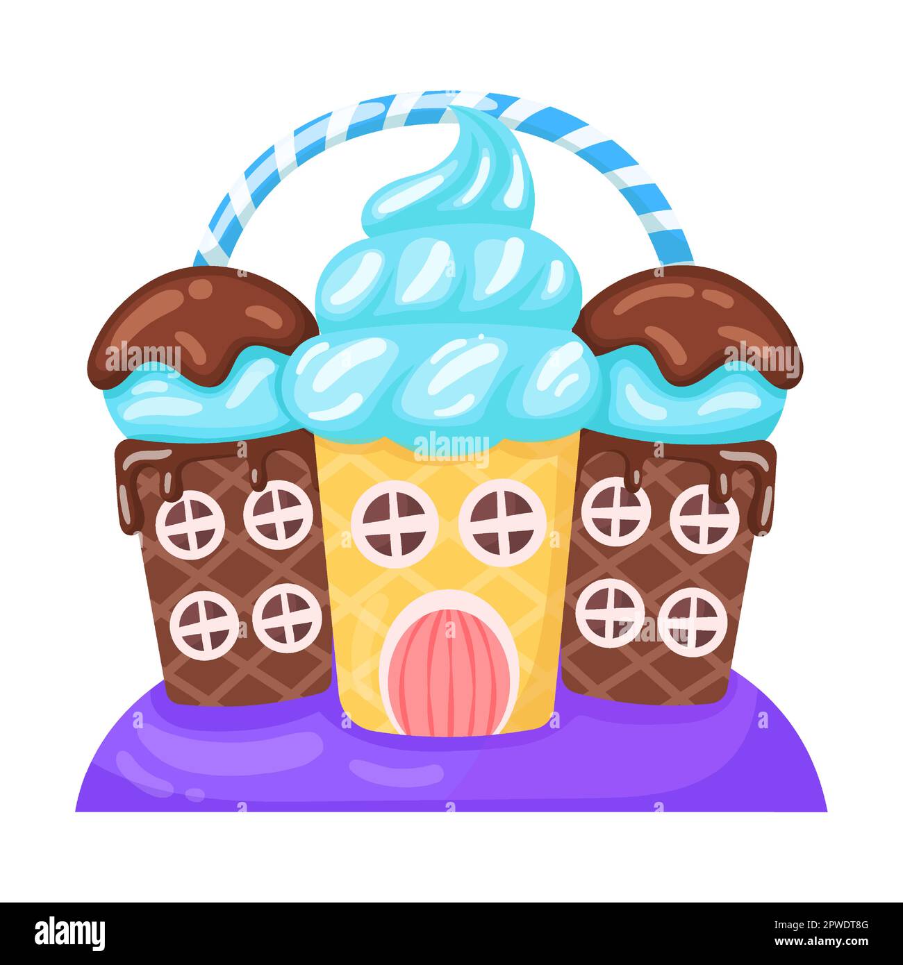 Candie in Form eines Hauses mit Schokolade und Creme-Eis, Vektorbild. Fantasy Land Karamell und Schokolade Desserts, Cupcakes, Kekse Stock Vektor