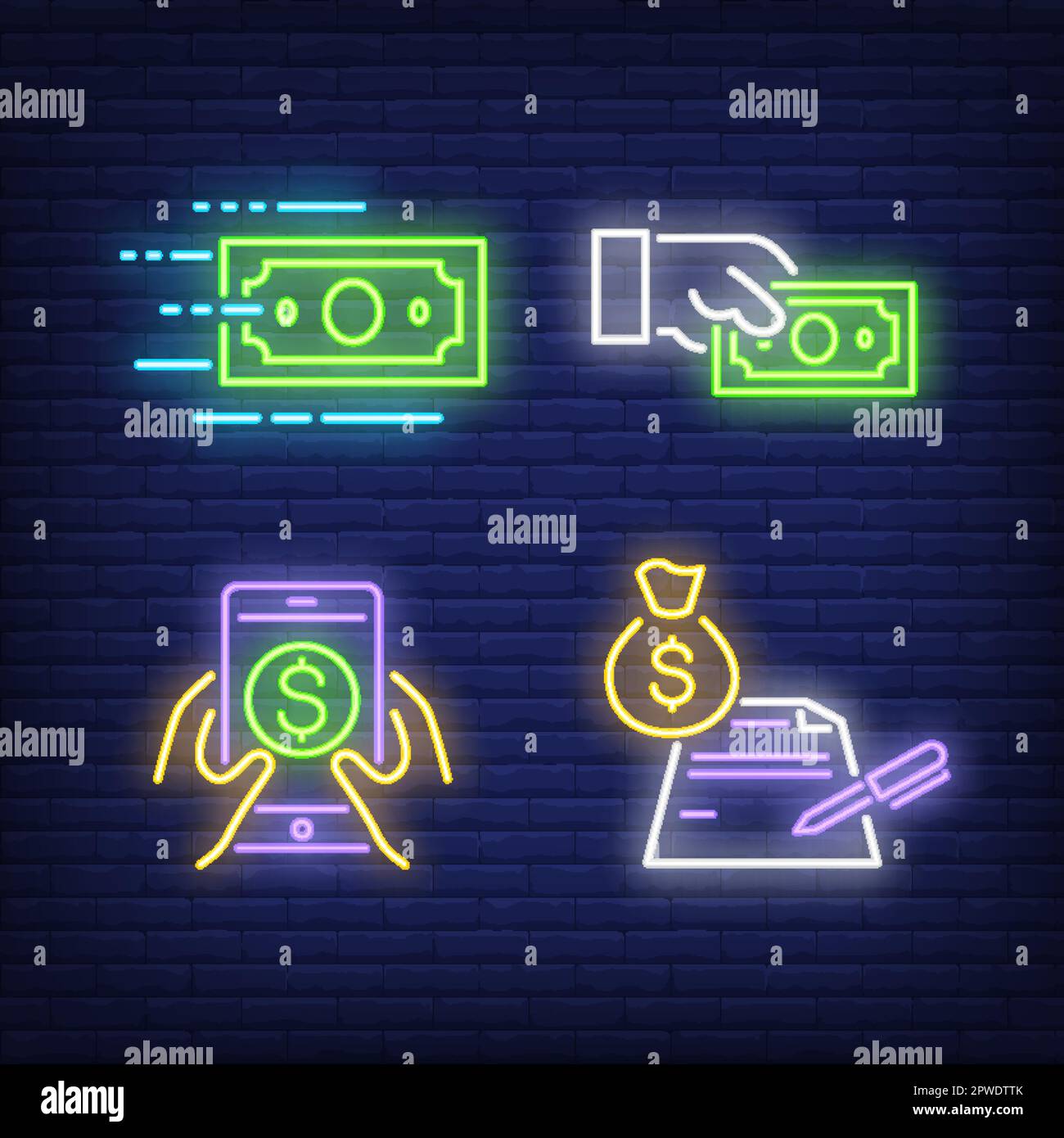 Handgehaltene Dollarscheine, Smartphone und Neonschilder Stock Vektor