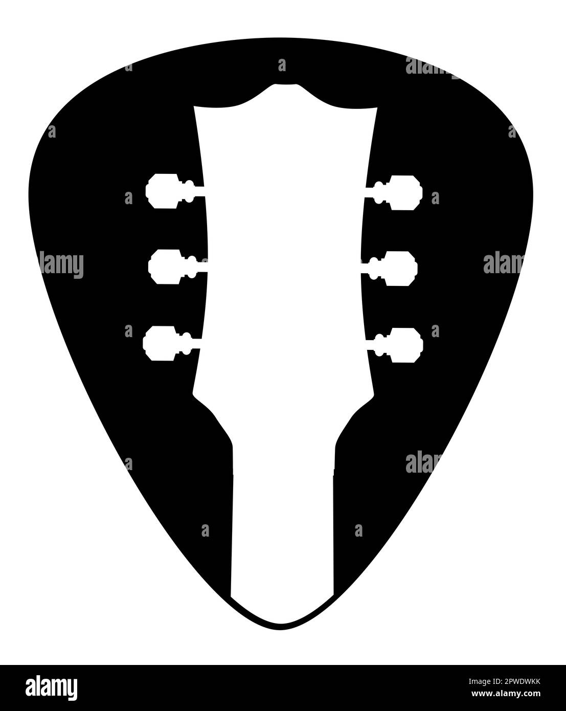 Ein Gitarrenplektrum mit Gitarrenkopfstock isoliert auf weißem Hintergrund. Stockfoto