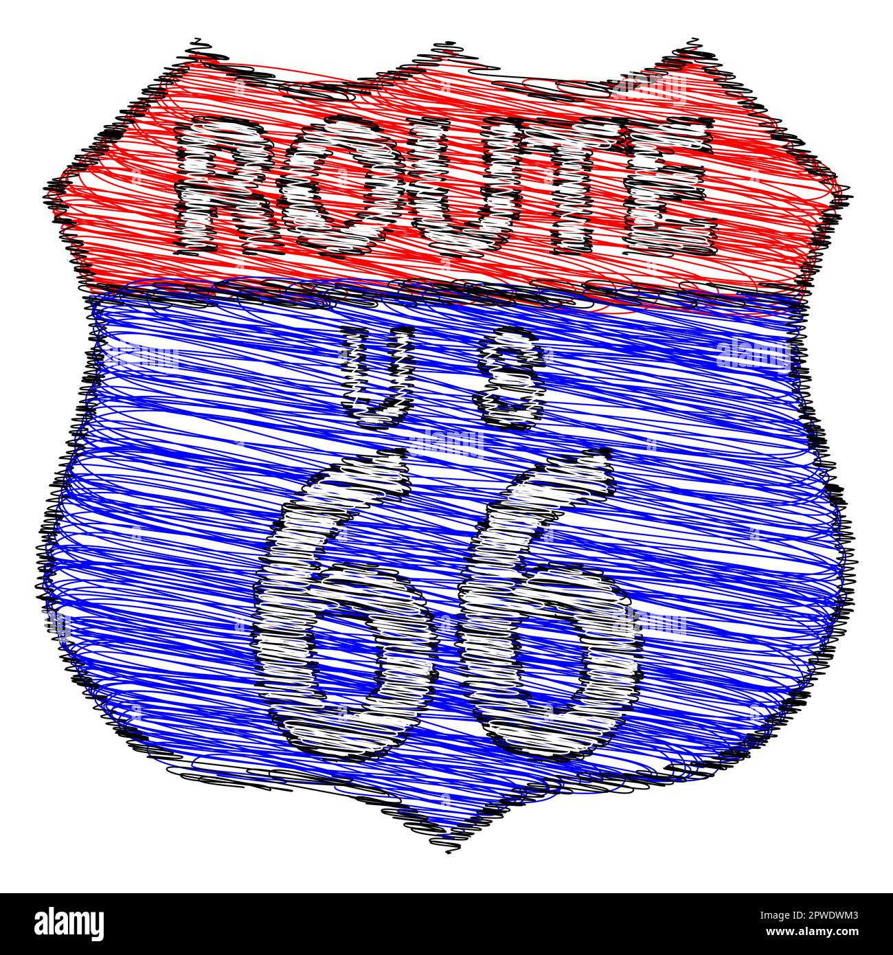 Verkehrsschild der Route 66 mit Grunge Scribble FX Stockfoto