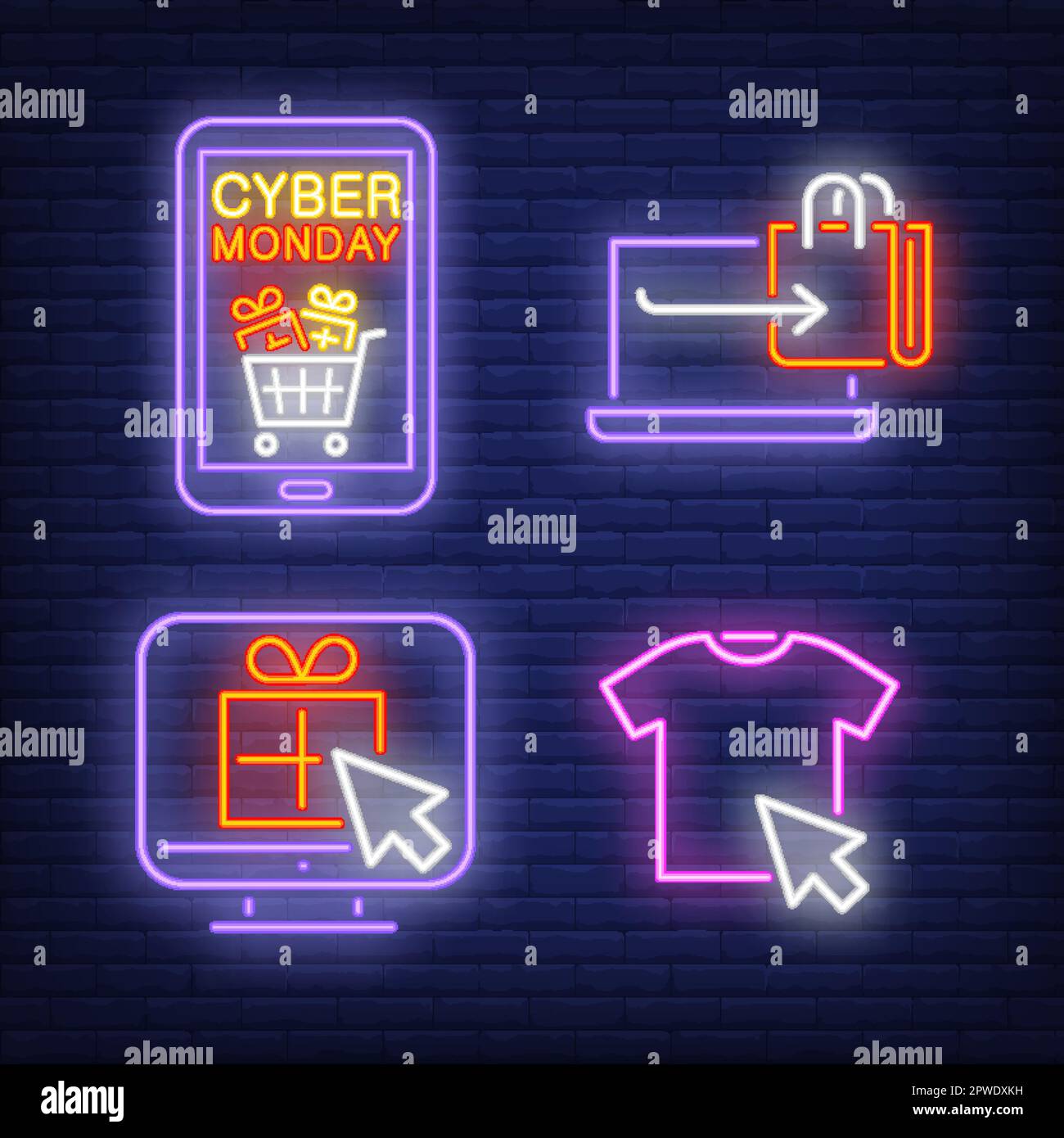 Online-Shopping, Computer, Gadget und T-Shirt Neonschilder Stock Vektor