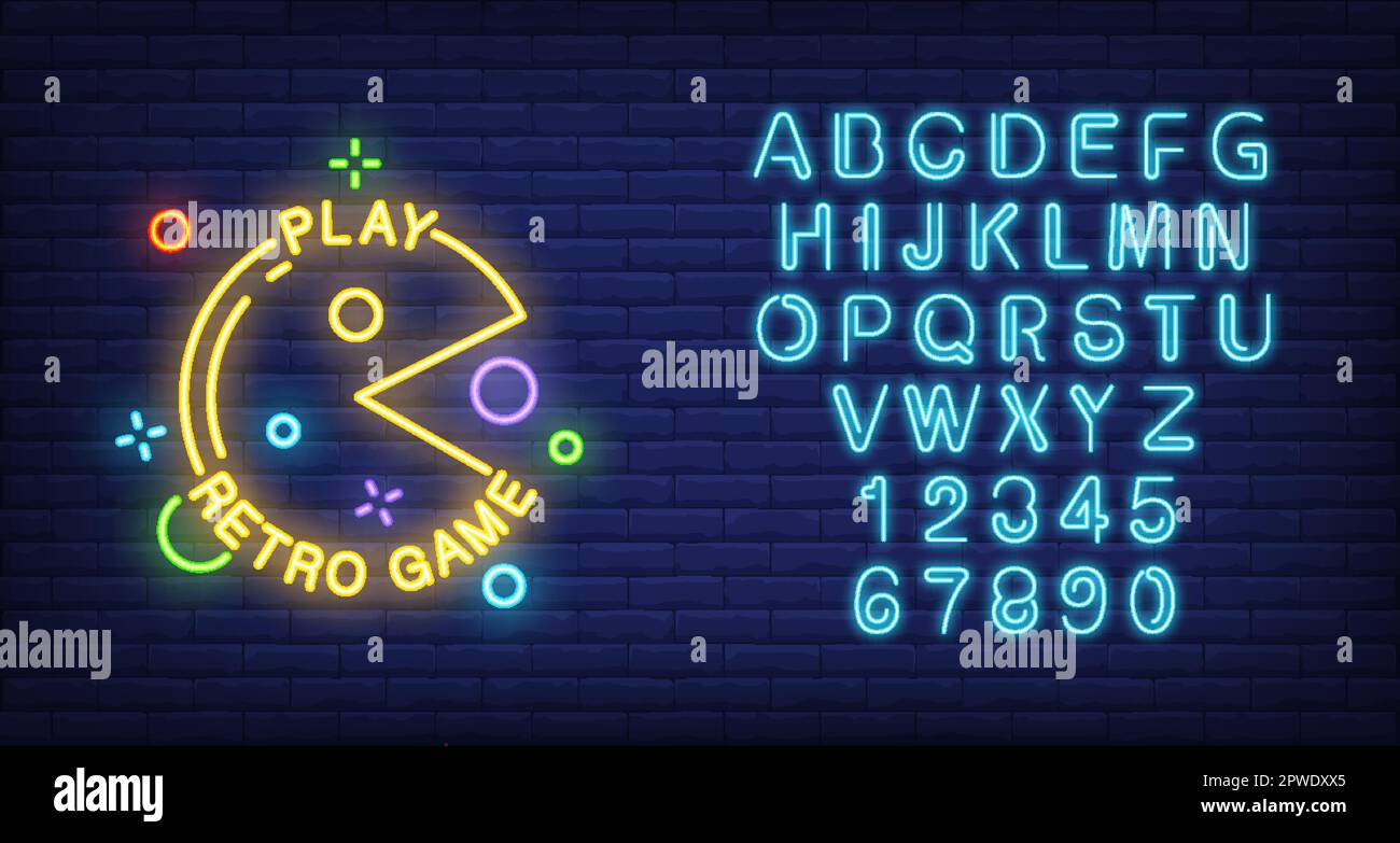 Spiele Retro-Schriftzug mit Pacman-Schild auf Ziegelhintergrund Stock Vektor