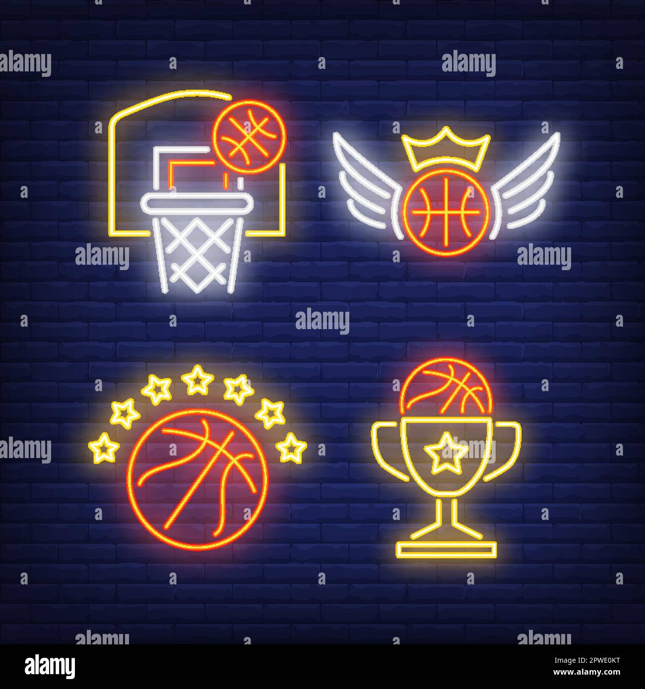 Basketbälle, Reifen und goldene Tassen mit Neonschildern Stock Vektor