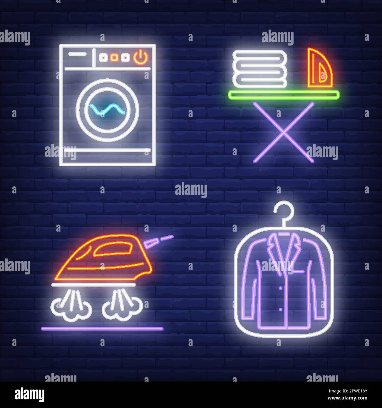 Waschmaschine, Bügeleisen, Bügelbrett und saubere Jacke, Neonschilder Stock Vektor