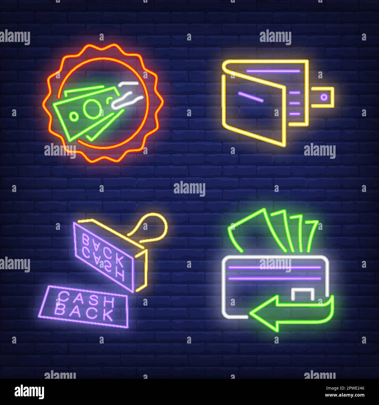 Geldscheinstempel, Geldbörse, Kreditkarte, Banknoten, Neonschilder Stock Vektor
