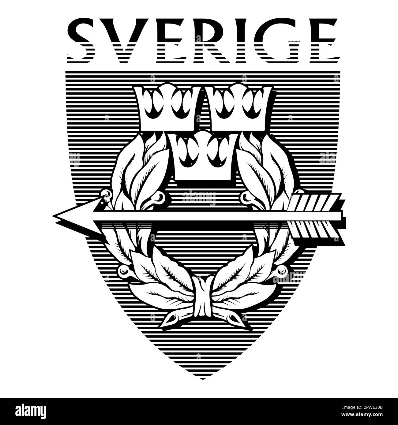 Das heraldische Symbol Schwedens. Heraldenschild mit drei Kronen, Lorbeerkranz und Pfeil. Schriftzug Schweden handgezeichnet Stock Vektor