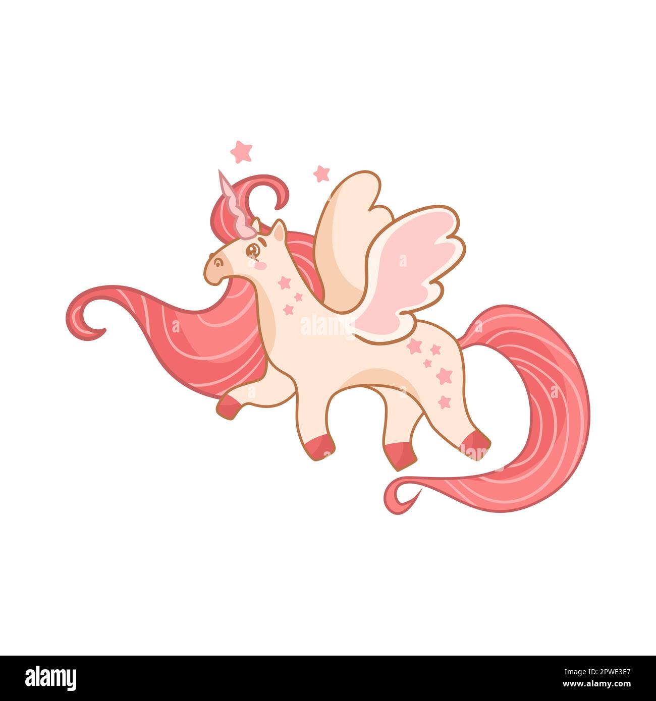 Süßes glückliches Einhorn fliegt in Sky Cartoon Illustration Stock Vektor