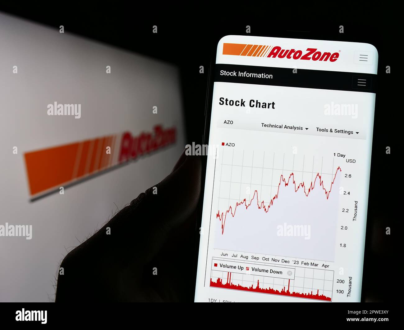 Person, die ein Mobiltelefon mit einer Website des US-amerikanischen Automobilzulieferers AutoZone Inc. Auf dem Bildschirm vor dem Logo hält. Konzentrieren Sie sich auf die Mitte des Telefondisplays. Stockfoto