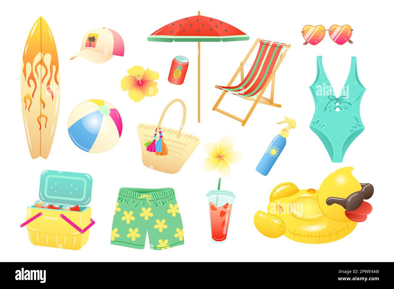 Set mit farbenfrohen Vektorgrafiken von Sommersonnenaccessoires Stock Vektor