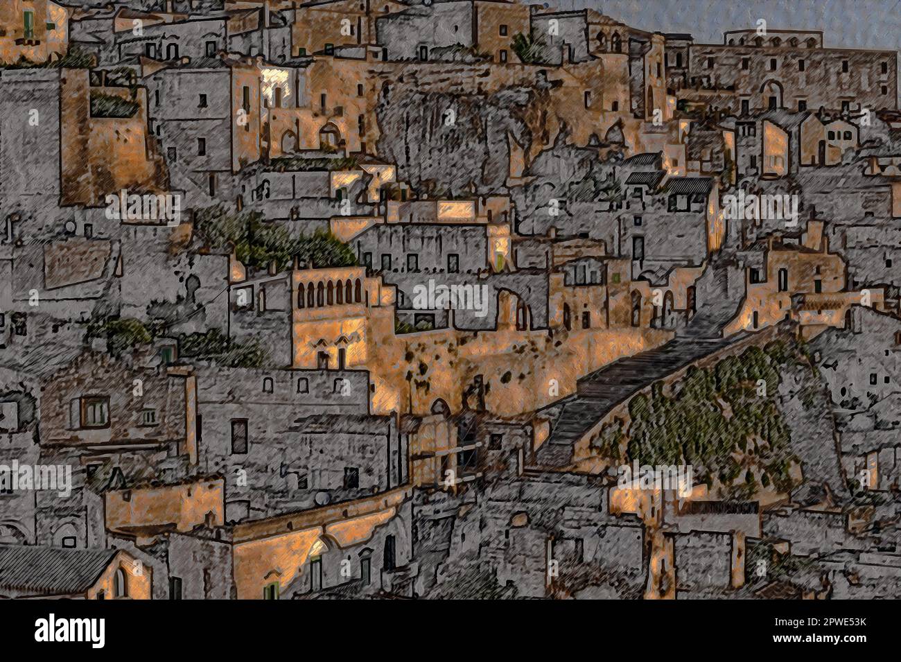 Kurz nach Sonnenaufgang in Sasso Barisano, einer der zum UNESCO-Weltkulturerbe gehörenden unterirdischen Städte Matera, Basilicata, Italien. Troglodyte-Wohnungen, einige vor Tausenden von Jahren geschnitten, wurden später erneuert und verwandelt; viele, wie in diesem Bild zu sehen ist, wurden durch herkömmliche Fassaden und Dachterrassen ergänzt. Dies ist ein digitales Bildmaterial, das aus einem Originalfoto erstellt wurde. Stockfoto