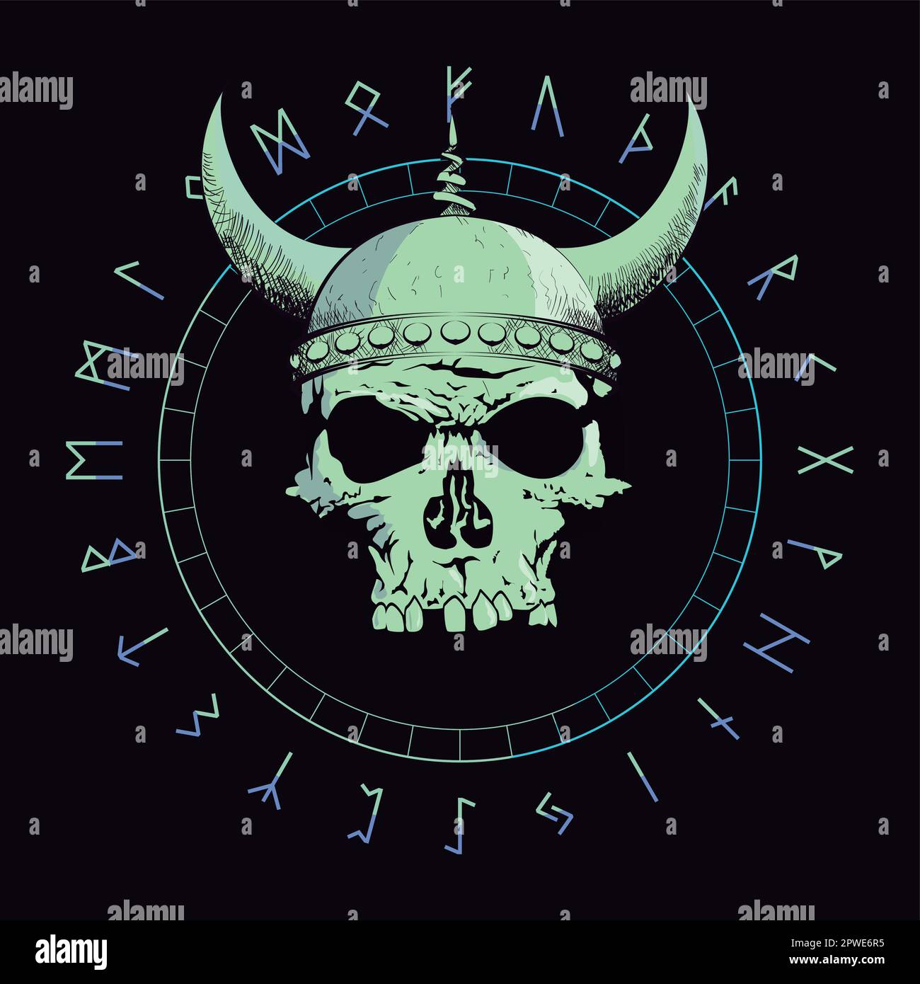 T-Shirt-Vektordesign eines wikingerschädels mit Hörnern über einem invertierten Stern und Runenfiguren isoliert auf Schwarz. Poster Stock Vektor