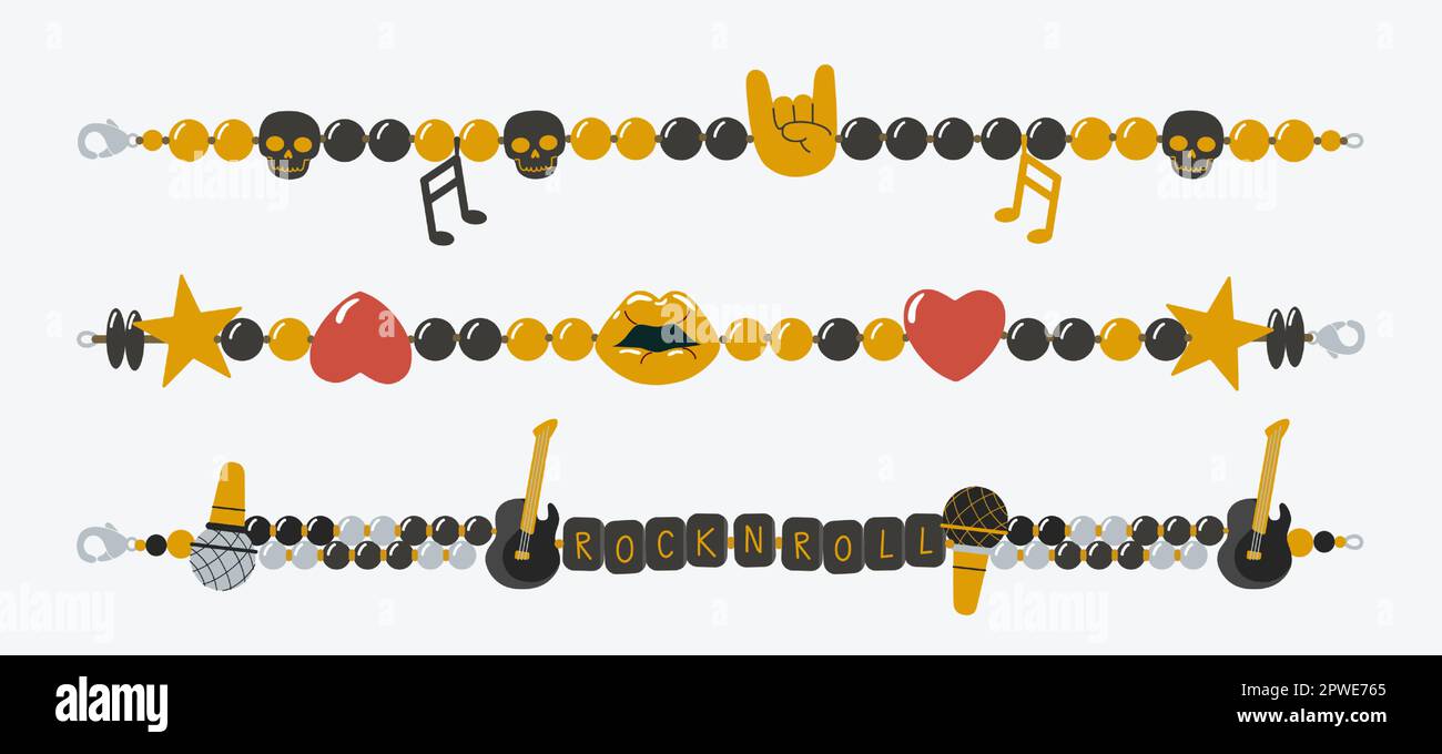 Abstrakte Vektorperlen aus Kunststoff farbenfrohe Kinderarmbänder Illustrationsset. Rock'n Roll die Armbänder der alten Schule im 90s-Cartoon-Stil mit Gitarren Stock Vektor