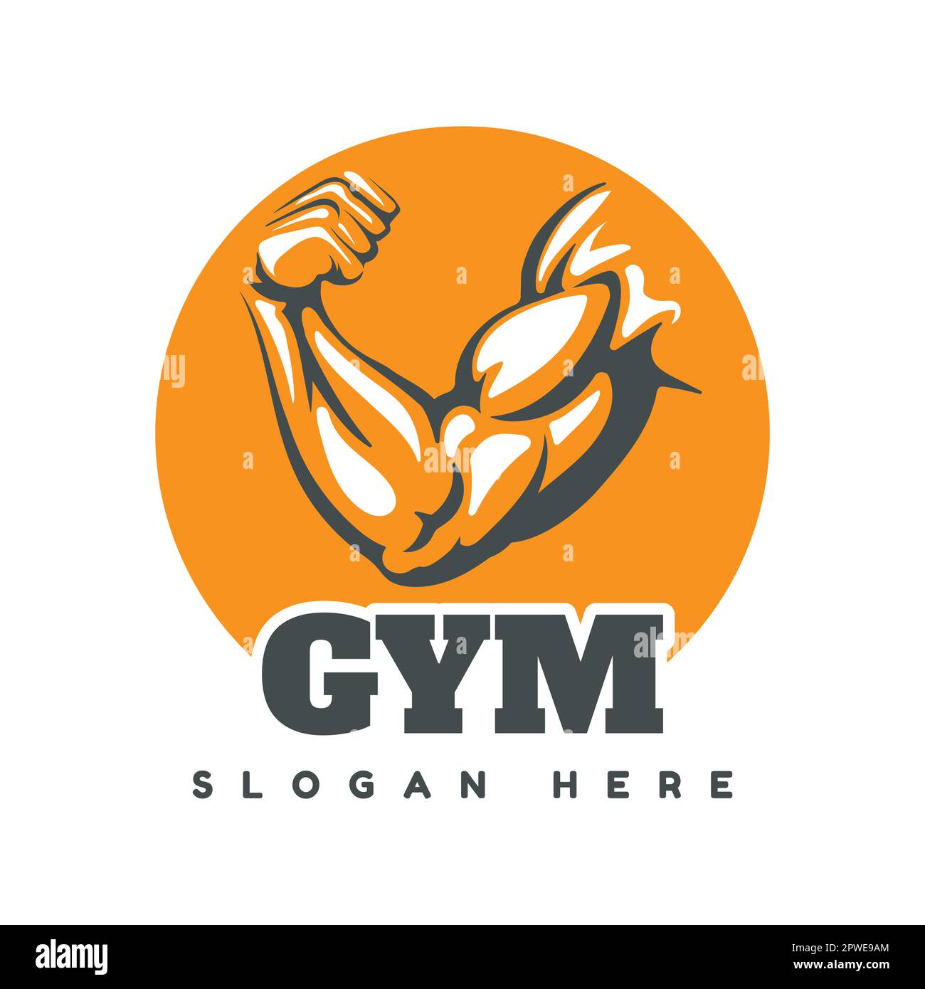 Gym Logo mit Athletic Muscular Hand und Wortwahl GYM isoliert auf Weiß. Vektorilllustration. Stock Vektor