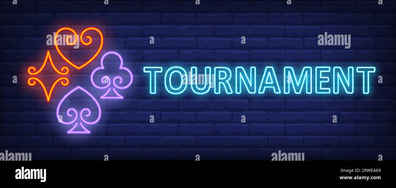 Neontext für Turnier mit Spielkartenanzügen Stock Vektor
