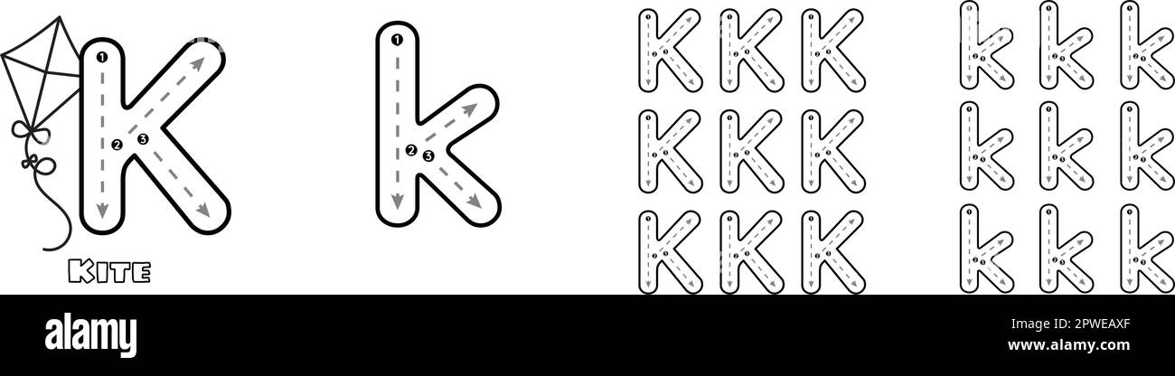ABC-Arbeitsblatt mit Buchstaben K, Groß- und Kleinschreibung für Kinder, englisches Vokabular. Handschriftliche Nachzeichnung Übungsvektordarstellung Stock Vektor