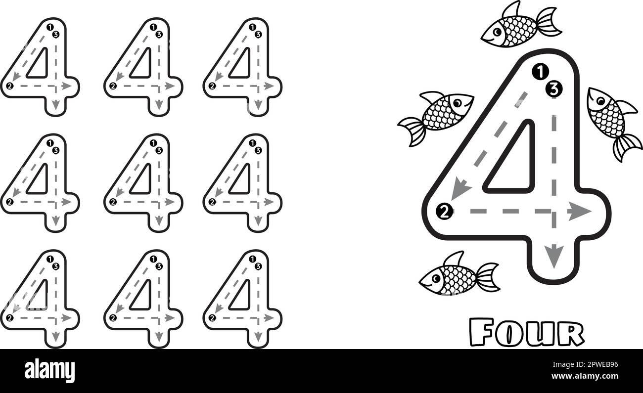 Viertes Trainingsblatt für kinder und Kleinkinder von prek. Handschriftliches Vorschulkindergarten-Tracing-Vektorbild Stock Vektor