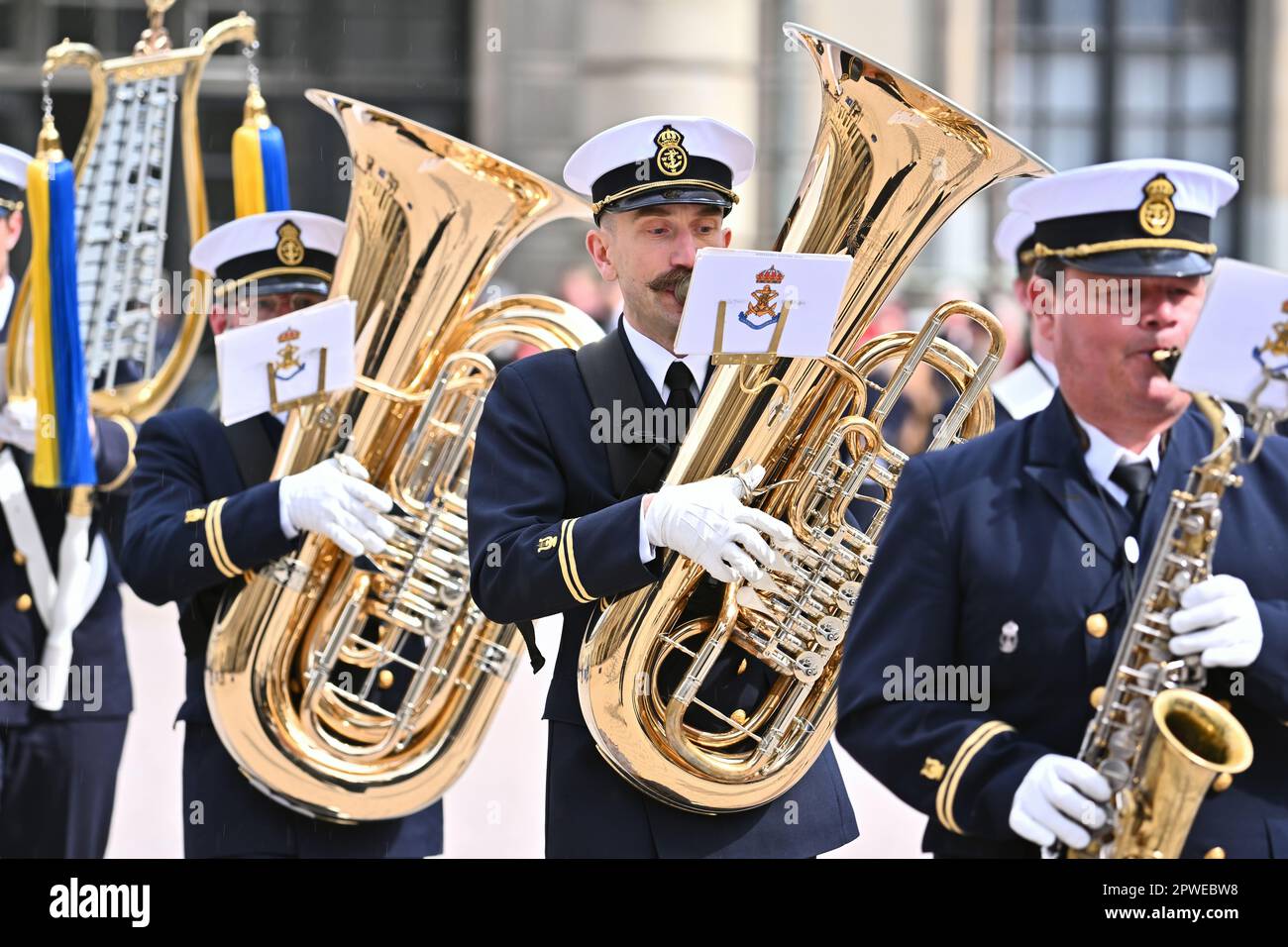 DIE Marineband STOCKHOLM 20230430The führt sonntags bei der Feier des Geburtstages von König Carl Gustaf im Stockholmer Palast ein Musical auf. Foto: C Stockfoto