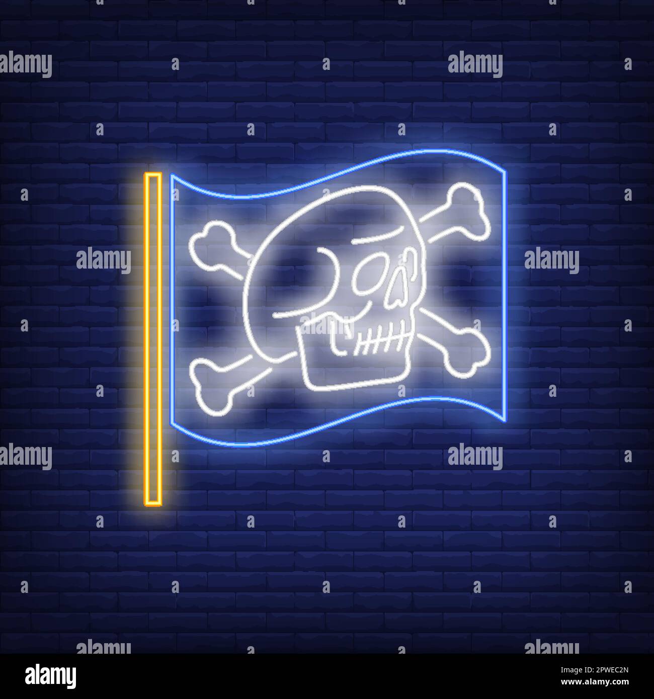 Schädel und gekreuzte Knochen auf der Flagge Neonschild Stock Vektor