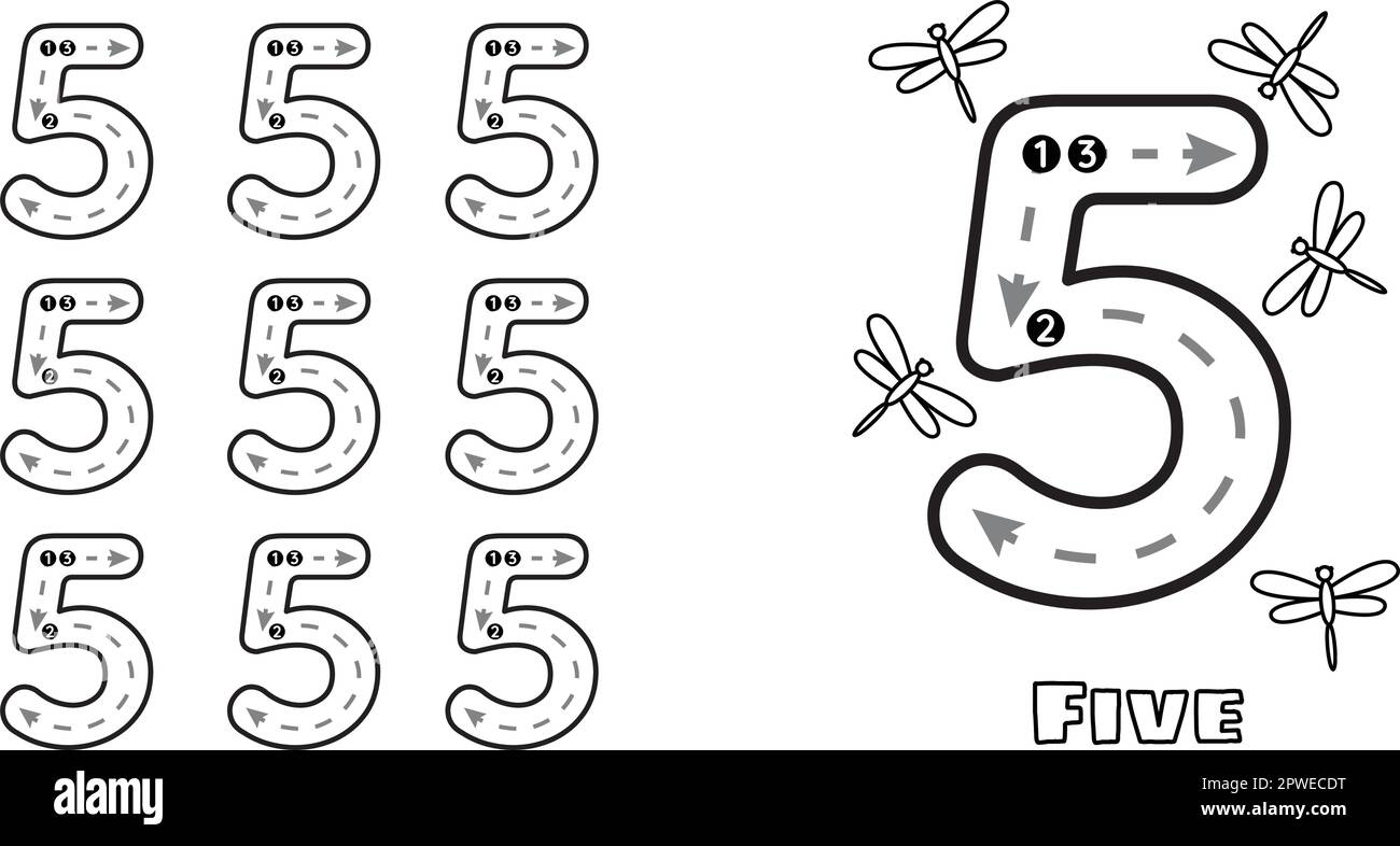 Nummer-5-Arbeitsblatt für prek-Kinder und -Kleinkinder. Handschriftliches Vorschulkindergarten-Tracing-Vektorbild Stock Vektor