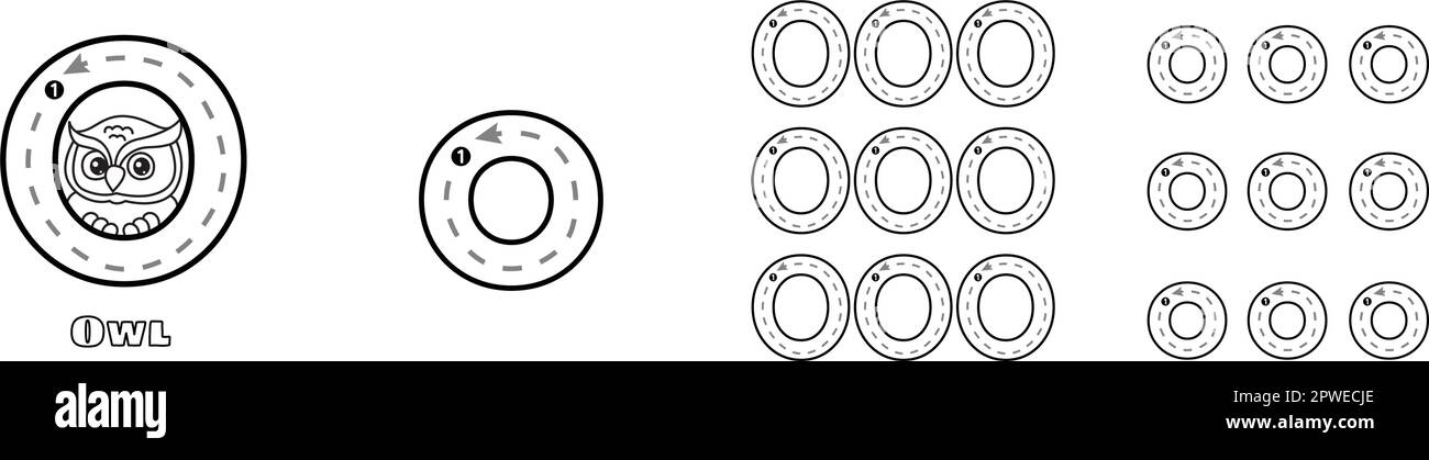 Buchstabe O verfolgt ABC-Alphabet-Arbeitsblatt in Groß- und Kleinschreibung für Kinder englisches Vokabular. Handschriftliche Nachzeichnung Übungsvektordarstellung Stock Vektor