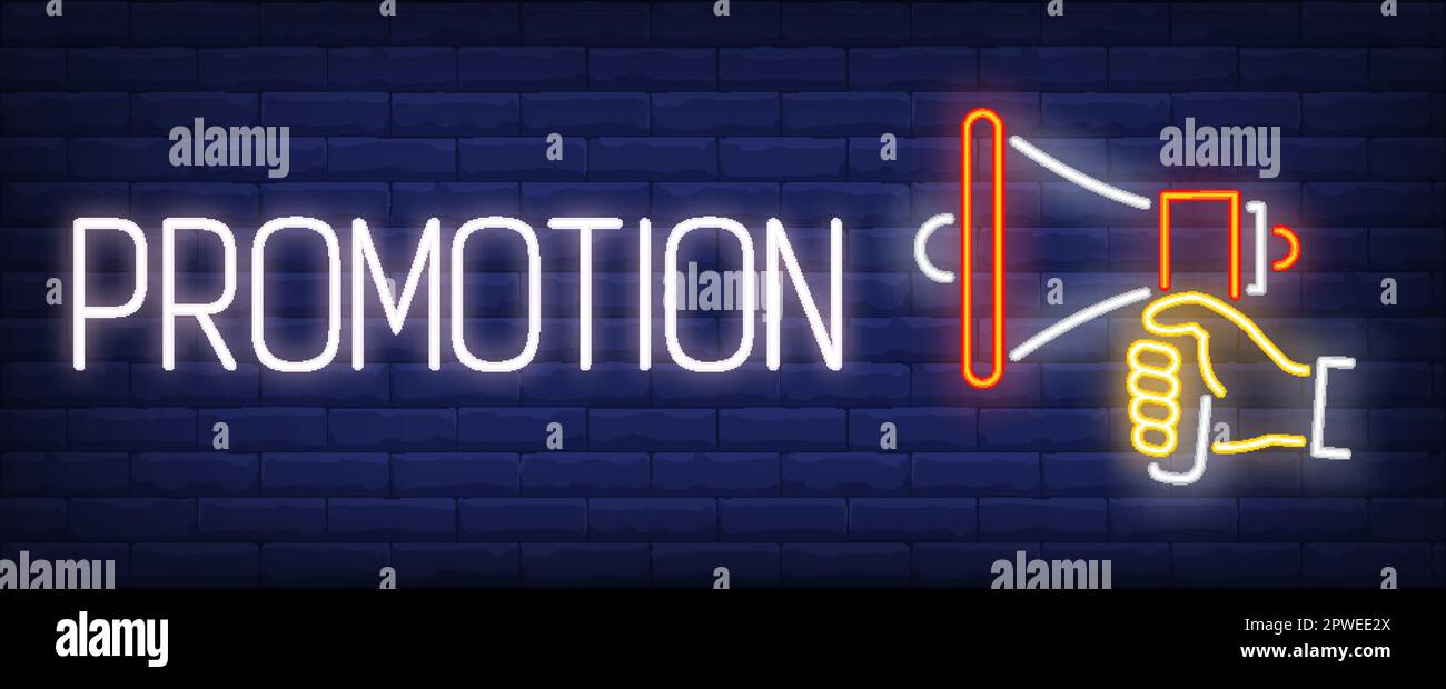 Promotion Neon Text mit Handlautsprecher Stock Vektor