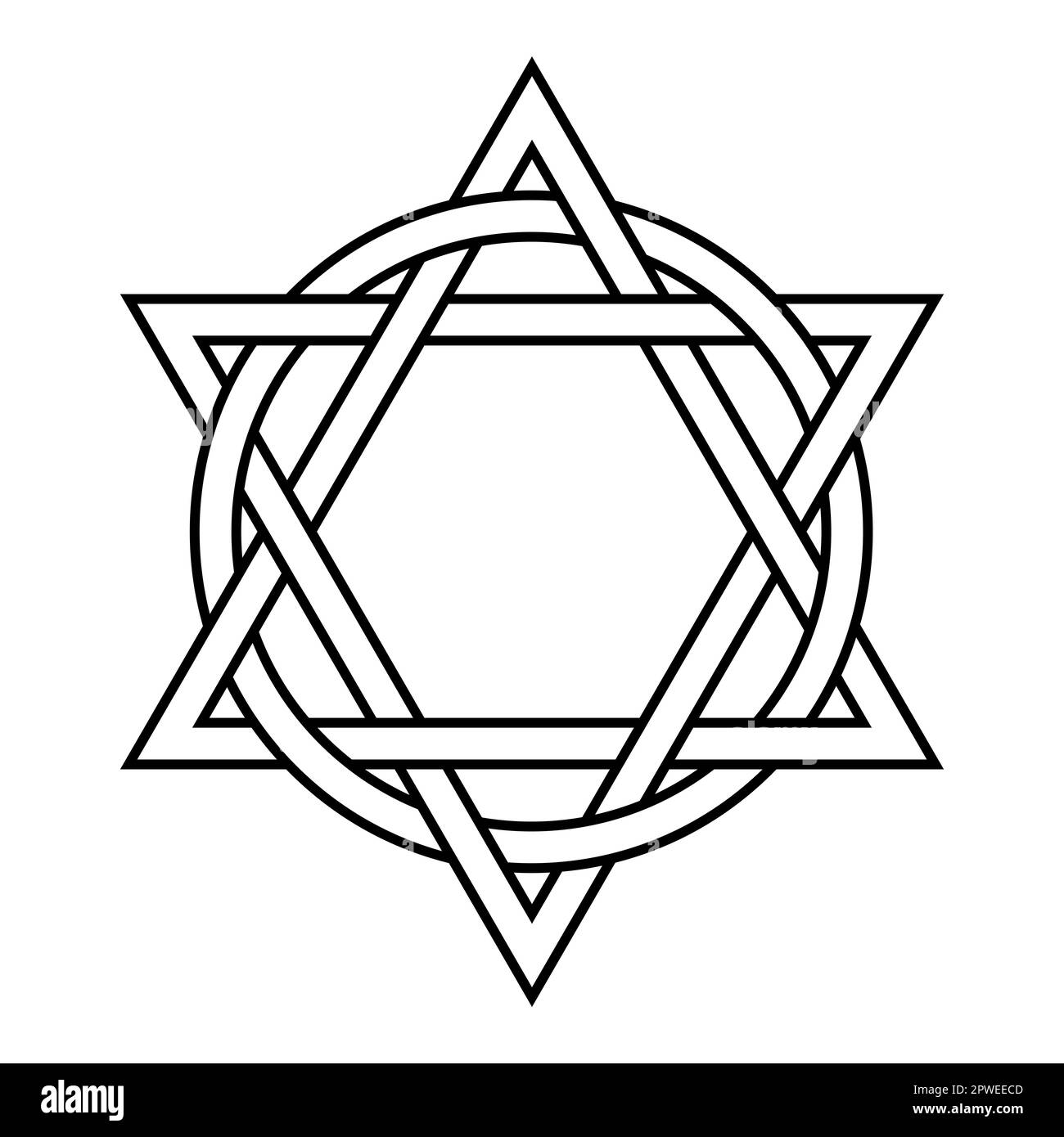 Zwei Dreiecke, die mit einem Kreis verschachtelt sind. Ein antikes christliches Emblem, das die Ewigkeit und die Perfektion der Dreifaltigkeit repräsentiert. Stockfoto