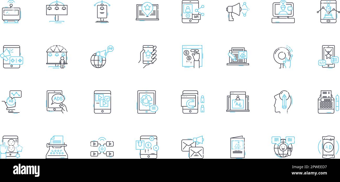 Lineare Symbole für Marketingtaktiken. Branding, Werbung, Werbeaktionen, Vertrieb, Targeting, Linienvektor für Strategie, soziale Medien und Konzeptzeichen. Inhalt Stock Vektor