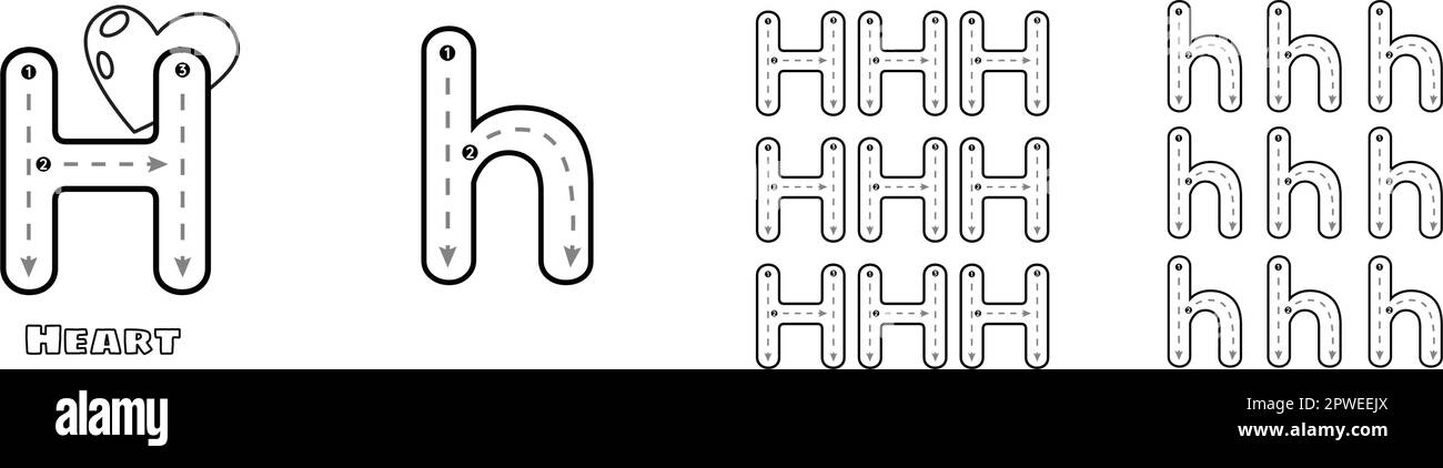 Buchstaben H, ABC-Arbeitsblatt in Groß- und Kleinschreibung für Kinder, englisches Vokabular. Handschriftliche Nachzeichnung Übungsvektordarstellung Stock Vektor
