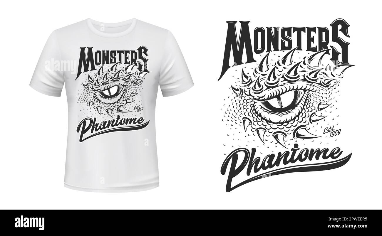Drachen- oder Dinosaurier-Monster-Tattoo, T-Shirt-Druck. Modell eines Vektortricks mit monochromer Reptilien-Augapfel und Stachelhaut. Schwarz-Weiß-Fantasie-Cre Stock Vektor