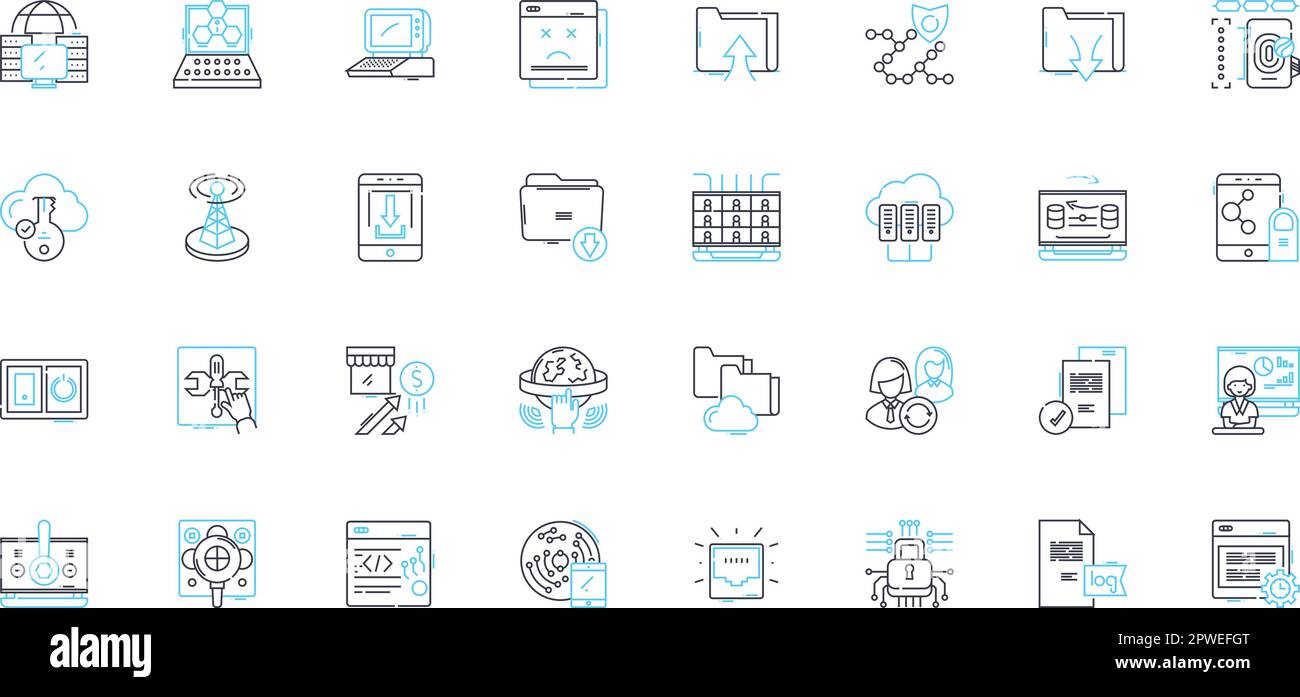 Lineare Symbole für Cloud-Opportunity festgelegt. Innovation, Skalierbarkeit, Flexibilität, Effizienz, Wachstum, Sicherheit, Zugänglichkeit Linienvektor und Konzeptschilder Stock Vektor