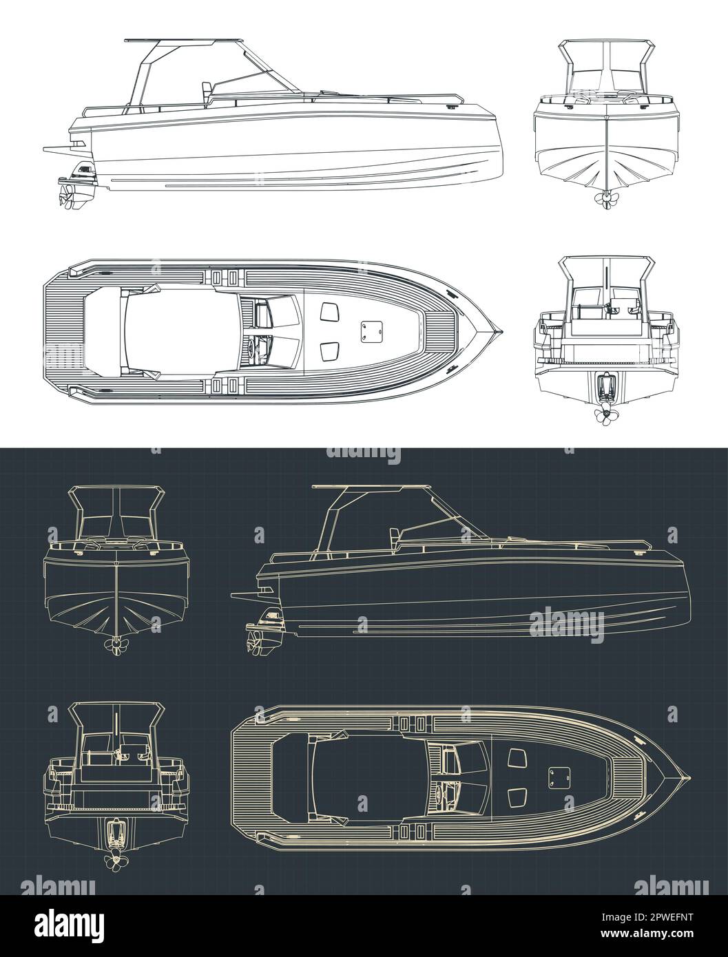 Stilisierte Vektordarstellung von Blaupausen des Schnellboots Stock Vektor
