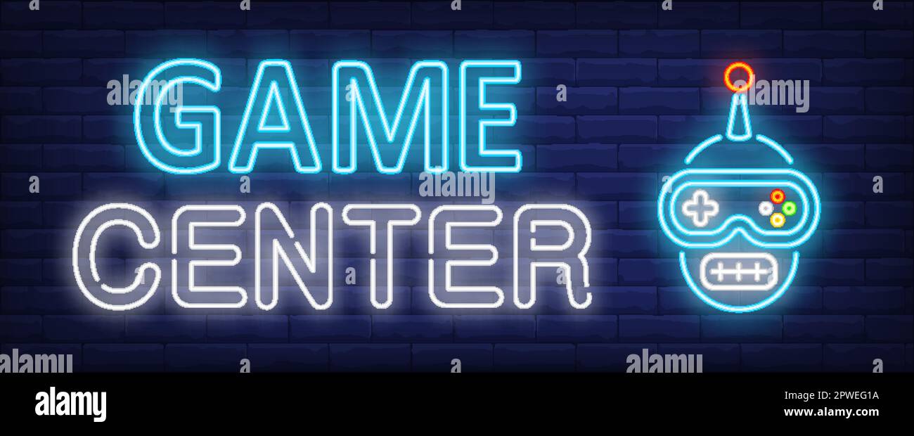 Spielcenter Neontext mit lustigem Gamepad-Cartoon-Gesicht Stock Vektor