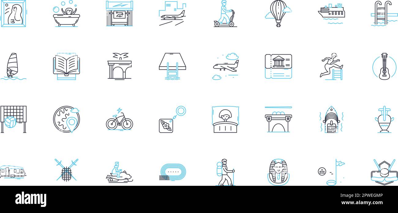 Physische Hobbys Lineare Symbolgruppe. Yoga, Joggen, Radfahren, Schwimmen, Wandern, Klettern, Gewichtheben, Linienvektor und Konzeptschilder. Boxen, Tanzen Stock Vektor