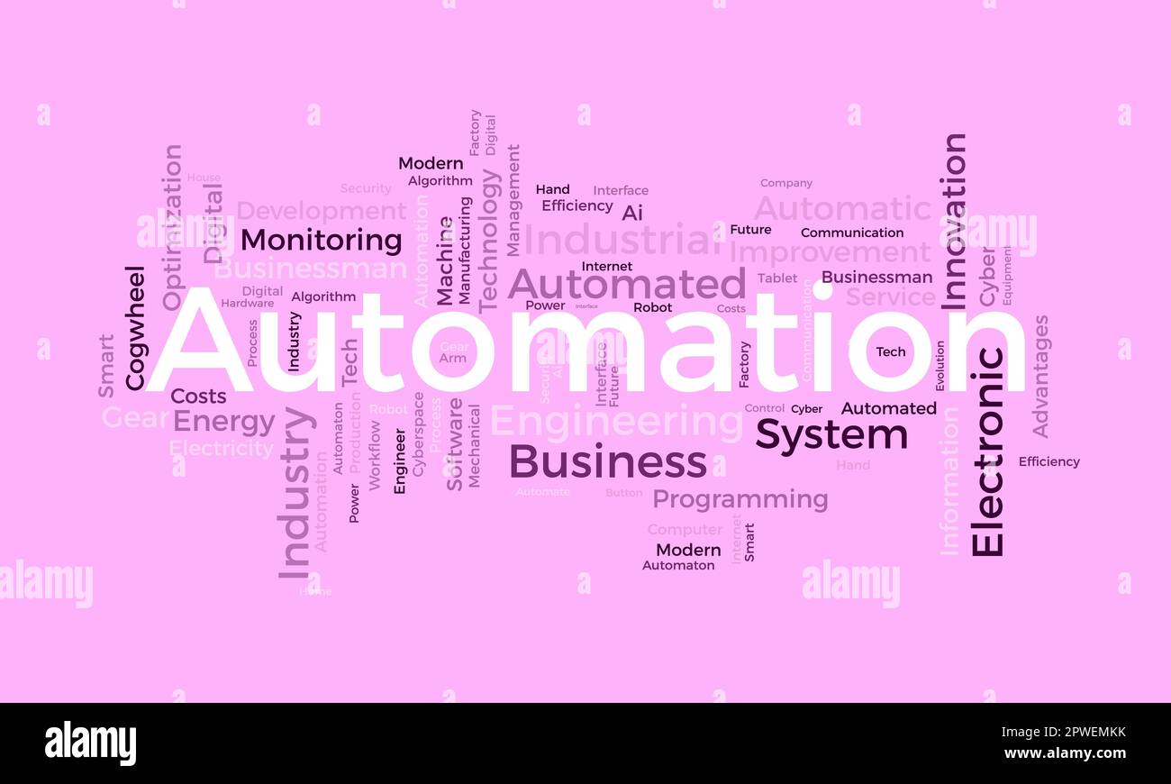 Word Cloud-Hintergrundkonzept für die Automatisierung. Elektroniksoftwarebranche, technisches Produktionssystem für Innovationen in der Cloud-Steuerung. vektor-Illustration Stock Vektor