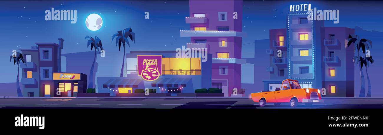 Autofahrt bei Nacht Miami City Street mit Gebäuden, Palmen. Vector-Cartoon-Illustration von Hotel, Lebensmittelgeschäft, Pizzarestaurant, Cabriolet-Auto-Fahrt auf Stadtstraße, Vollmond, viele Sterne am Himmel Stock Vektor