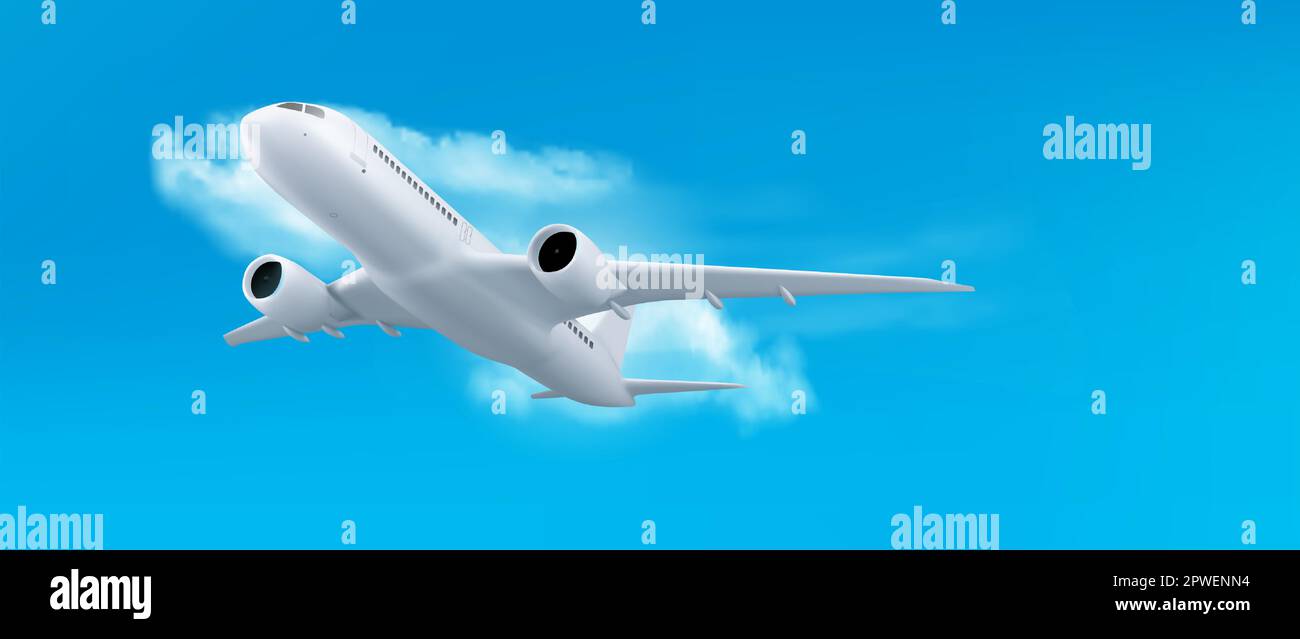 3D White plane Flug in Sky Air Vector Travel Konzept. Realistisches Rendern von Jet auf blauem Hintergrund mit Wolke. Werbebanner für internationale Flüge im Urlaub. Charterflugzeuge starten. Stock Vektor