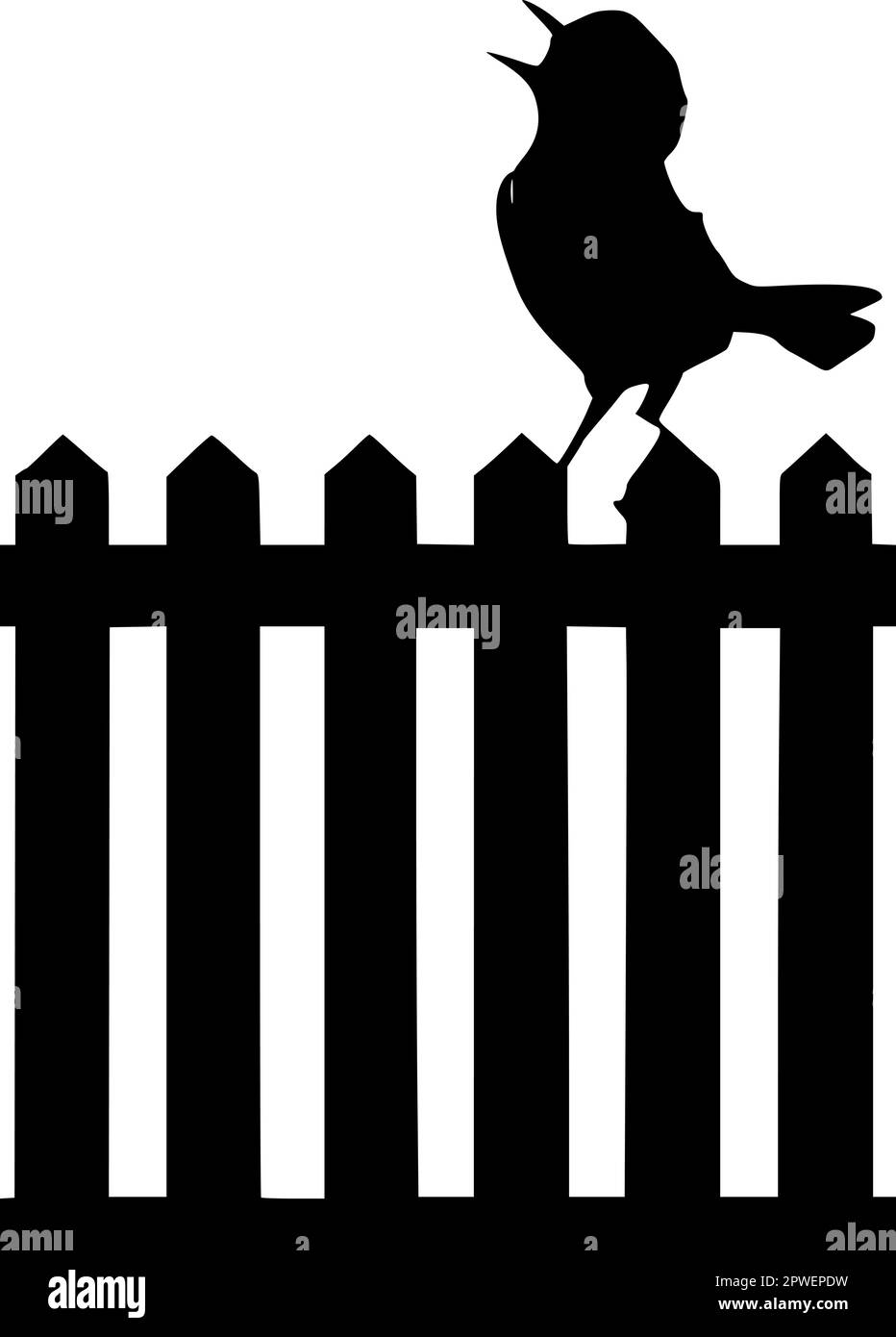 Silhouette eines Vogels, der aus einem Zaun singt, Vektorbild. Stock Vektor