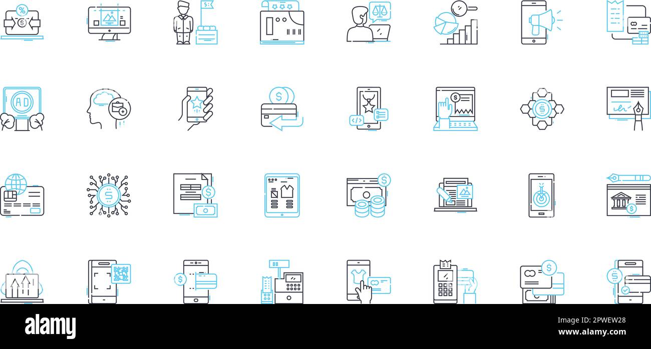 Lineare Symbole für Vertriebsmedien festgelegt. Werbung, Branding, Broschüren, Kampagnen, Kunden, Provisionen, Inhaltslinien-Vektor und Konzeptschilder. Konvertierung Stock Vektor