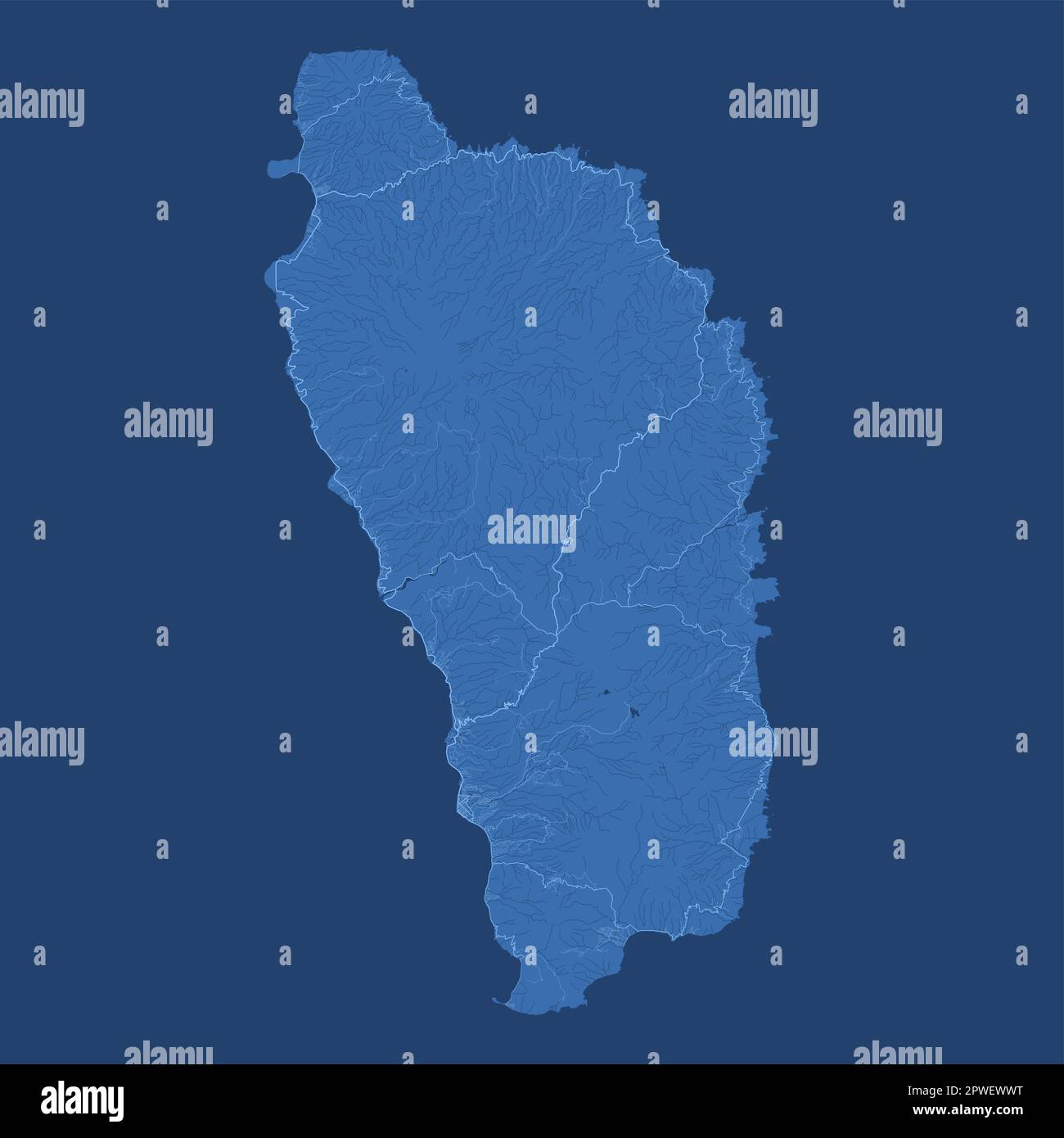 Blaue Dominica Karte, karibisches Inselland. Detaillierte Karte mit Verwaltungsgrenze, Küste, Meer und Wäldern, Städten und Straßen. Stock Vektor